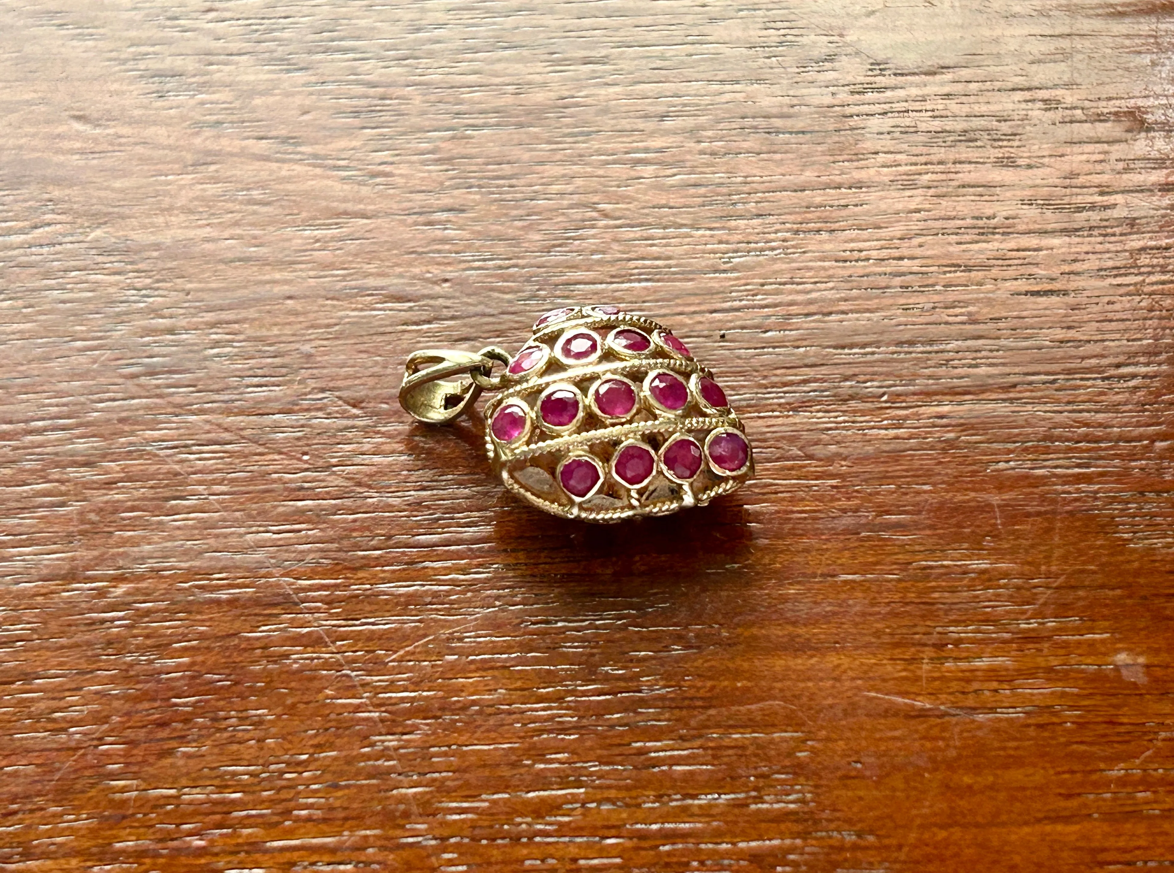 14k Yellow Gold Ruby Sapphire Reveresible Puffy Open Work Heart Necklace Pendant