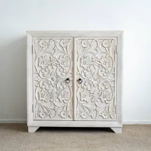 2-Doors Distressed White Floral Wooden Cabinet