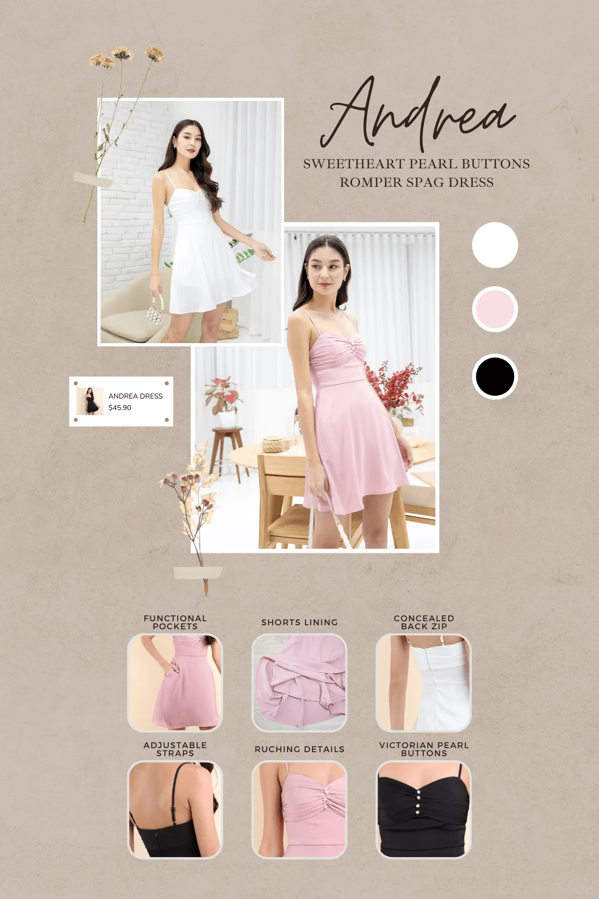 ANDREA SWEETHEART PEARL BUTTONS ROMPER SPAG DRESS IN PINK