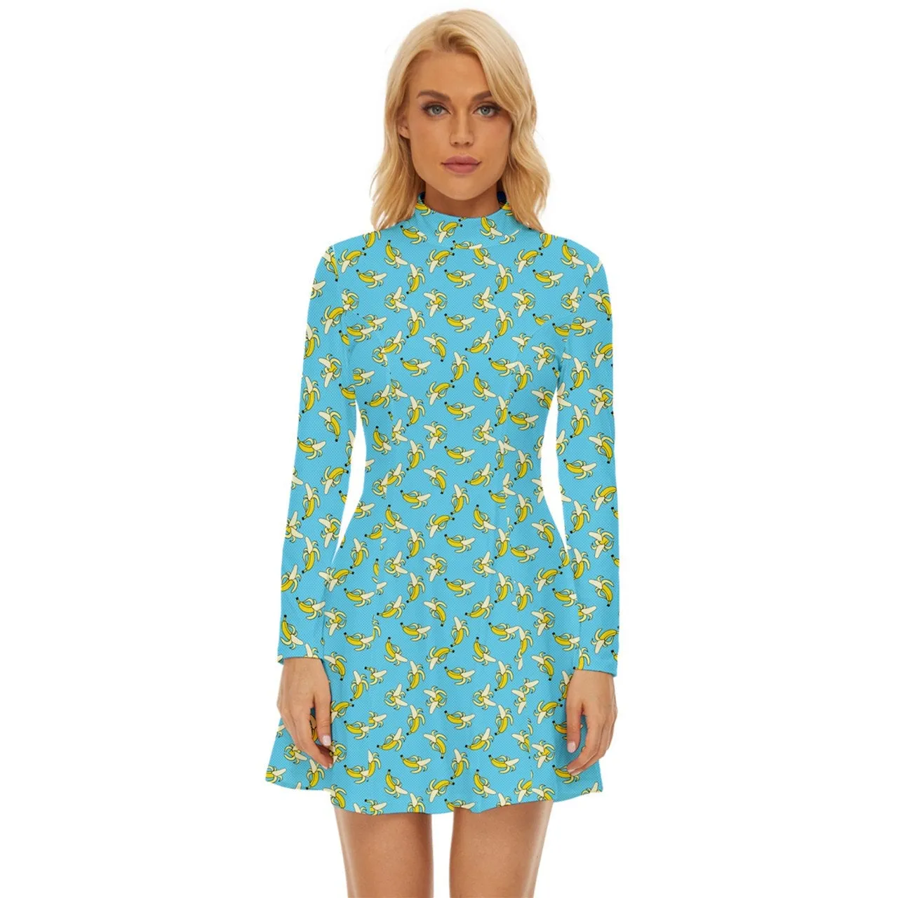 Banana Print Dress, Pop Art Dress, 60s Dress Style, Mod Dress, Blue Mod Dress, Turtle neck dress, GOGO Dress, 60s style dress, Retro Dress