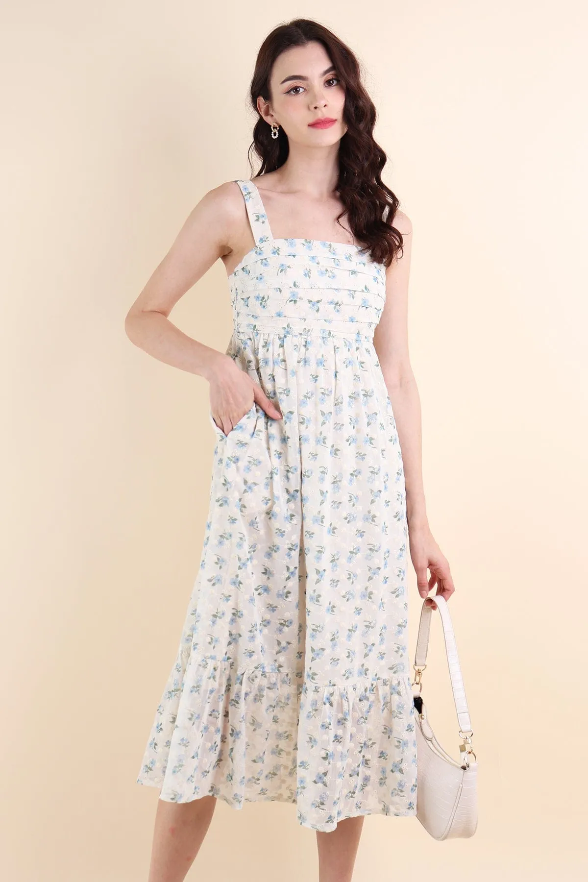 BEGONIA EYELET MIDAXI DRESS IN BLUE