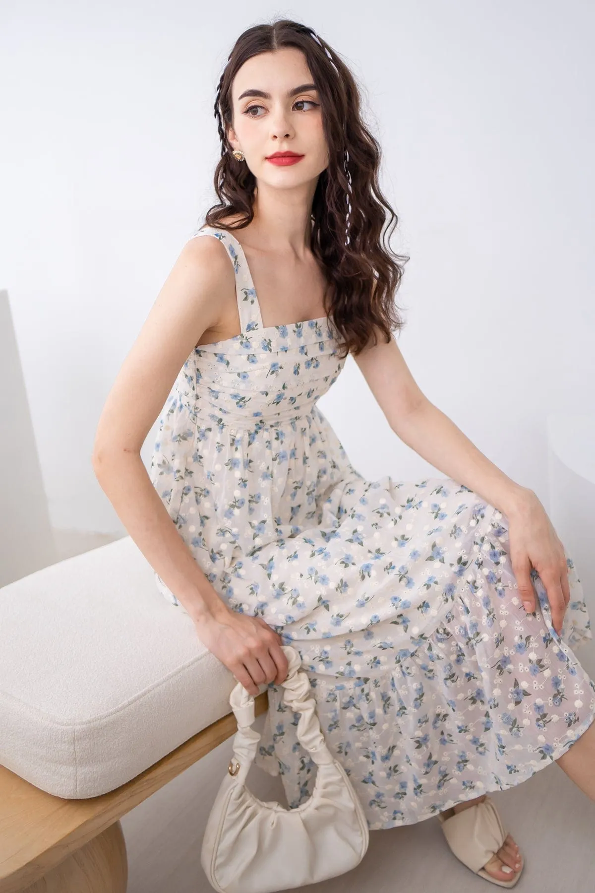 BEGONIA EYELET MIDAXI DRESS IN BLUE