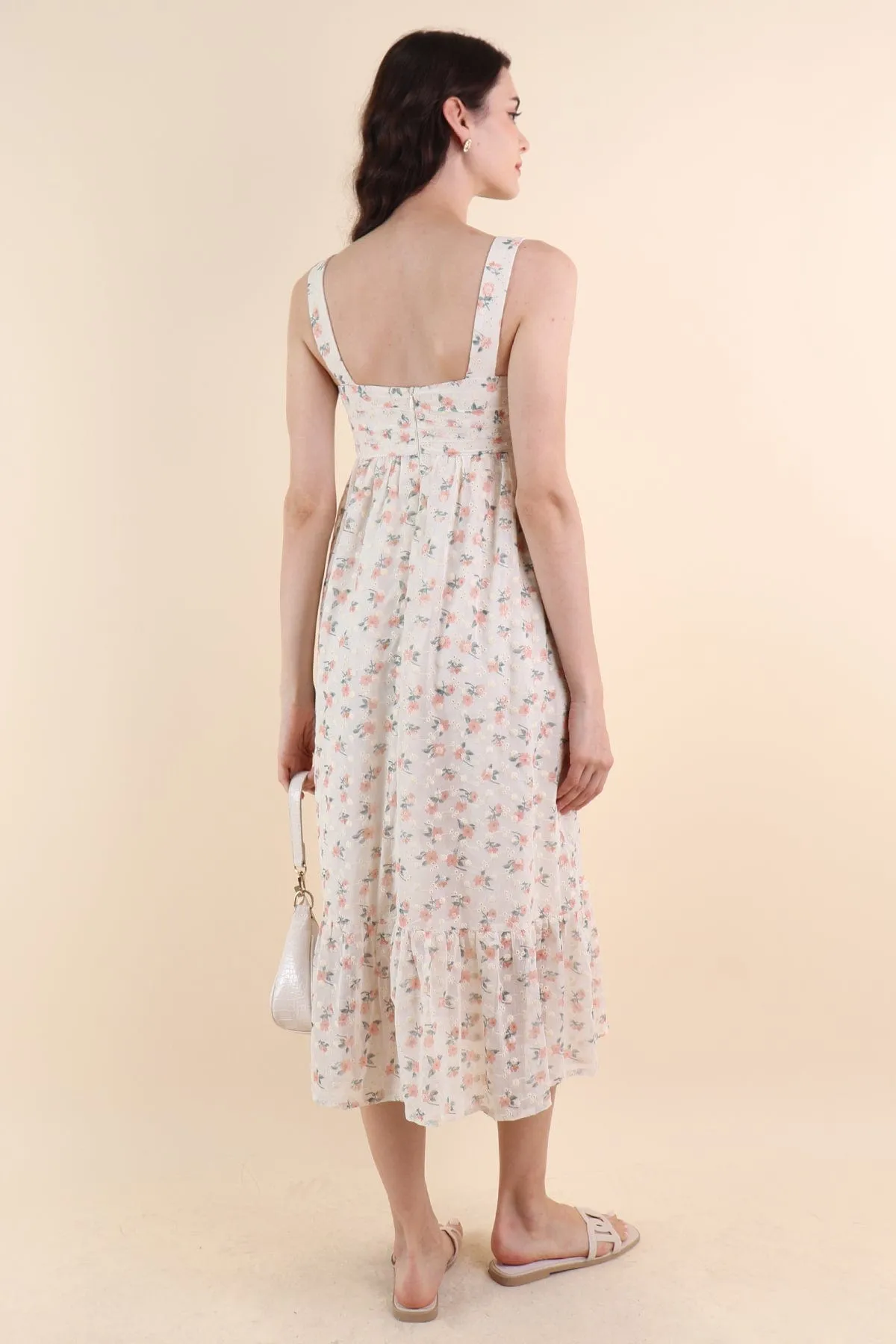 BEGONIA EYELET MIDAXI DRESS IN CORAL