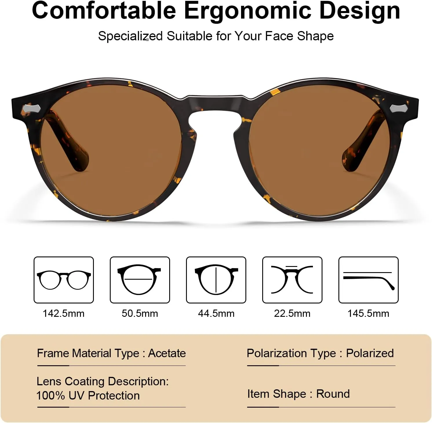 CARFIA Acetate Polarized Sunglasses for Men Retro Classic Round Shades