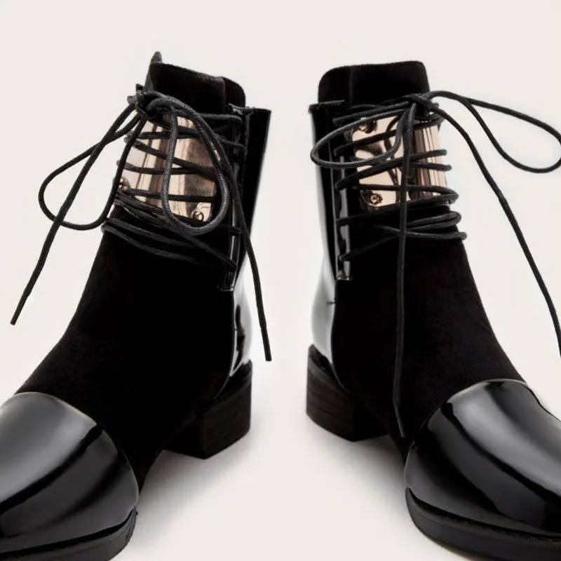 Contrast Panel Metal Trim Lace Up Faux Leather Ankle Boots - Black