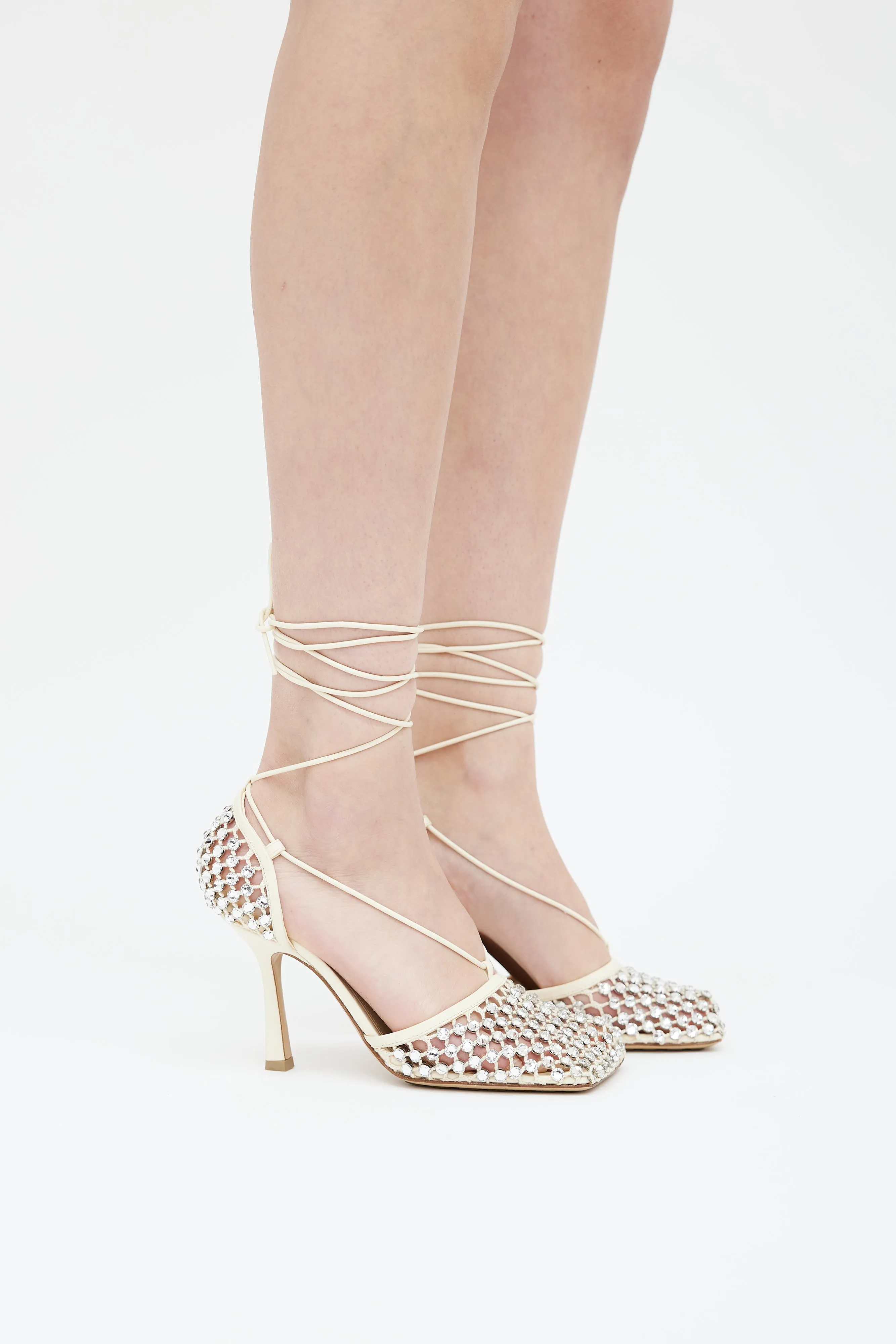 Cream Leather Sparkle Stretch Lace Up Heel
