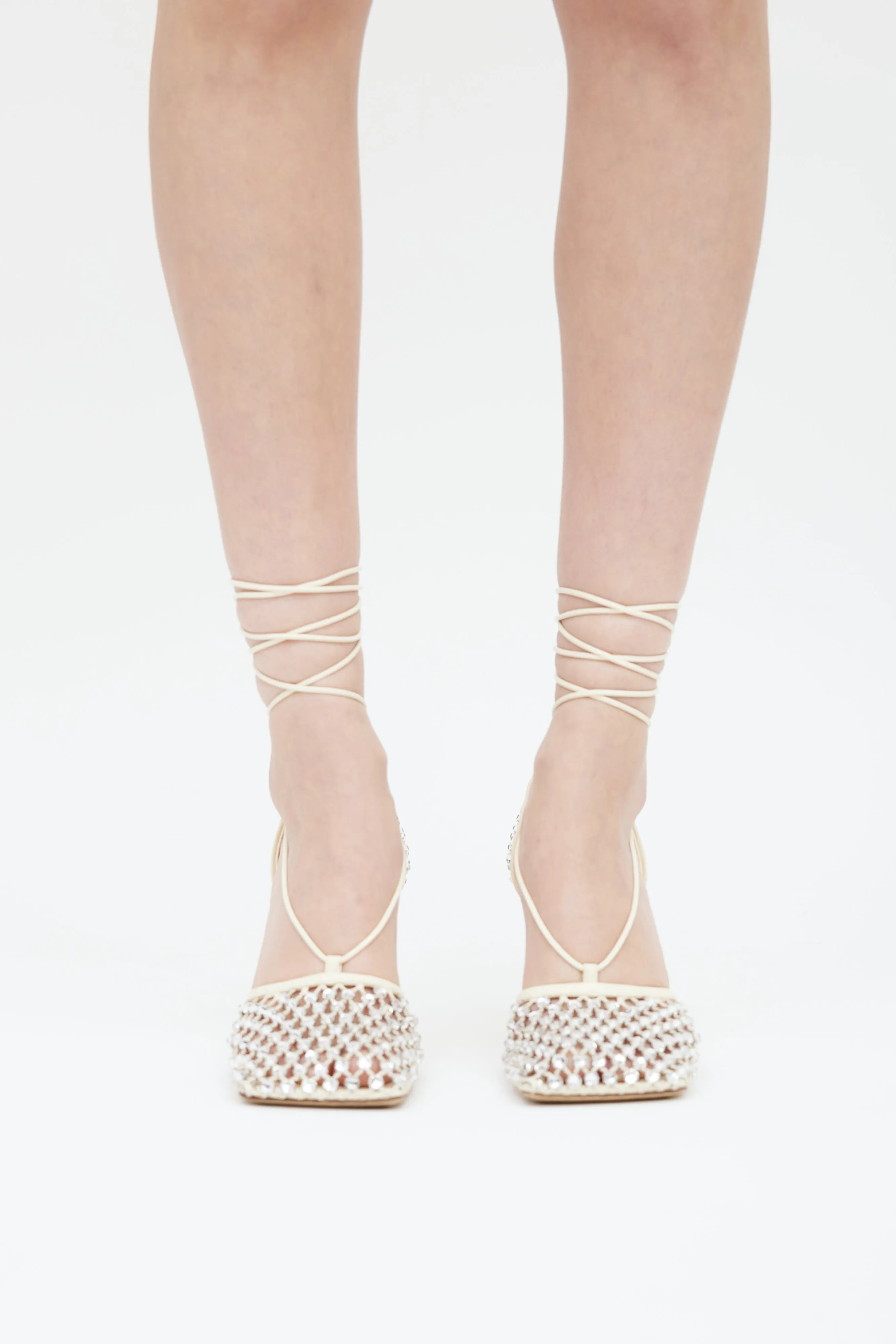Cream Leather Sparkle Stretch Lace Up Heel