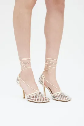 Cream Leather Sparkle Stretch Lace Up Heel