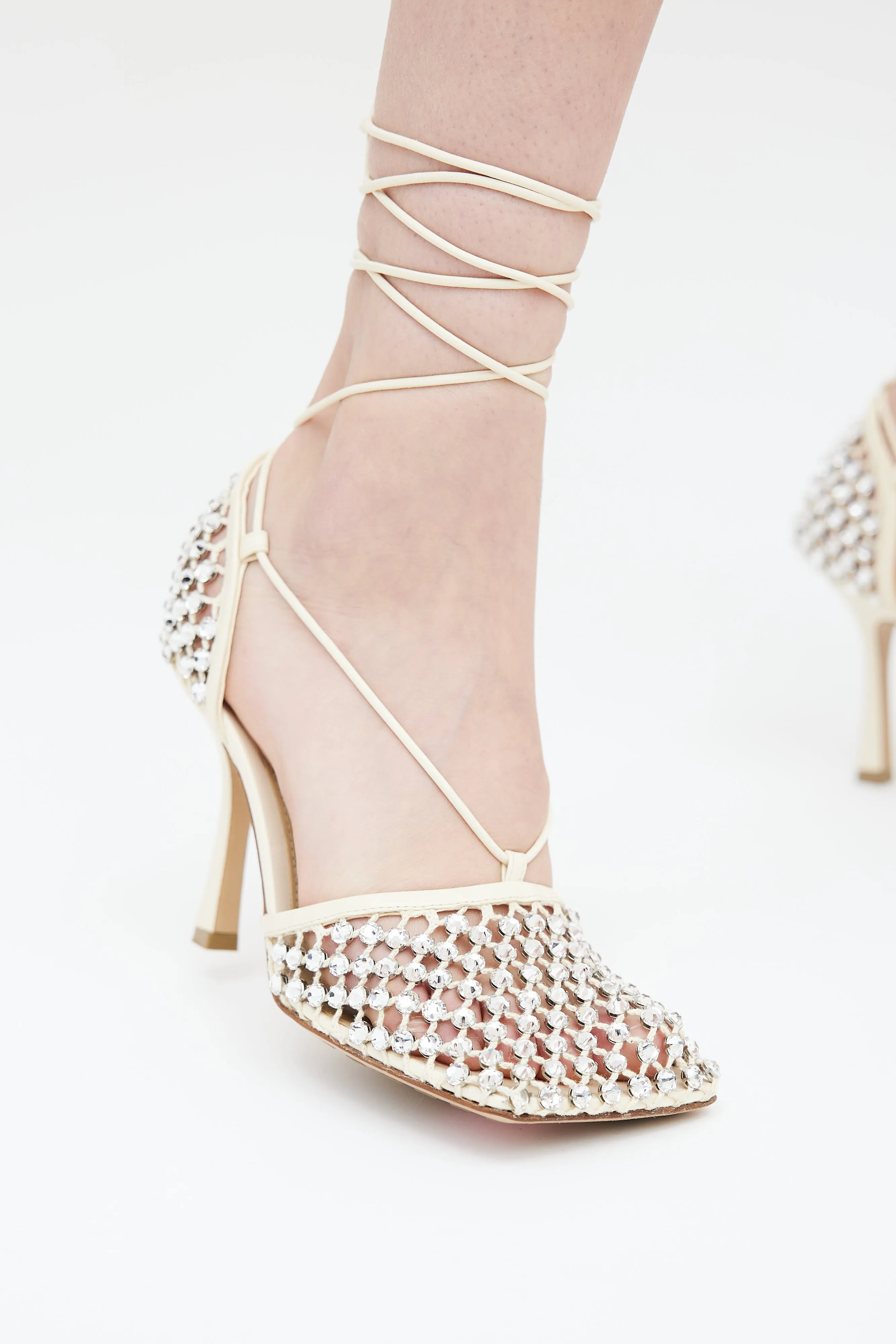 Cream Leather Sparkle Stretch Lace Up Heel