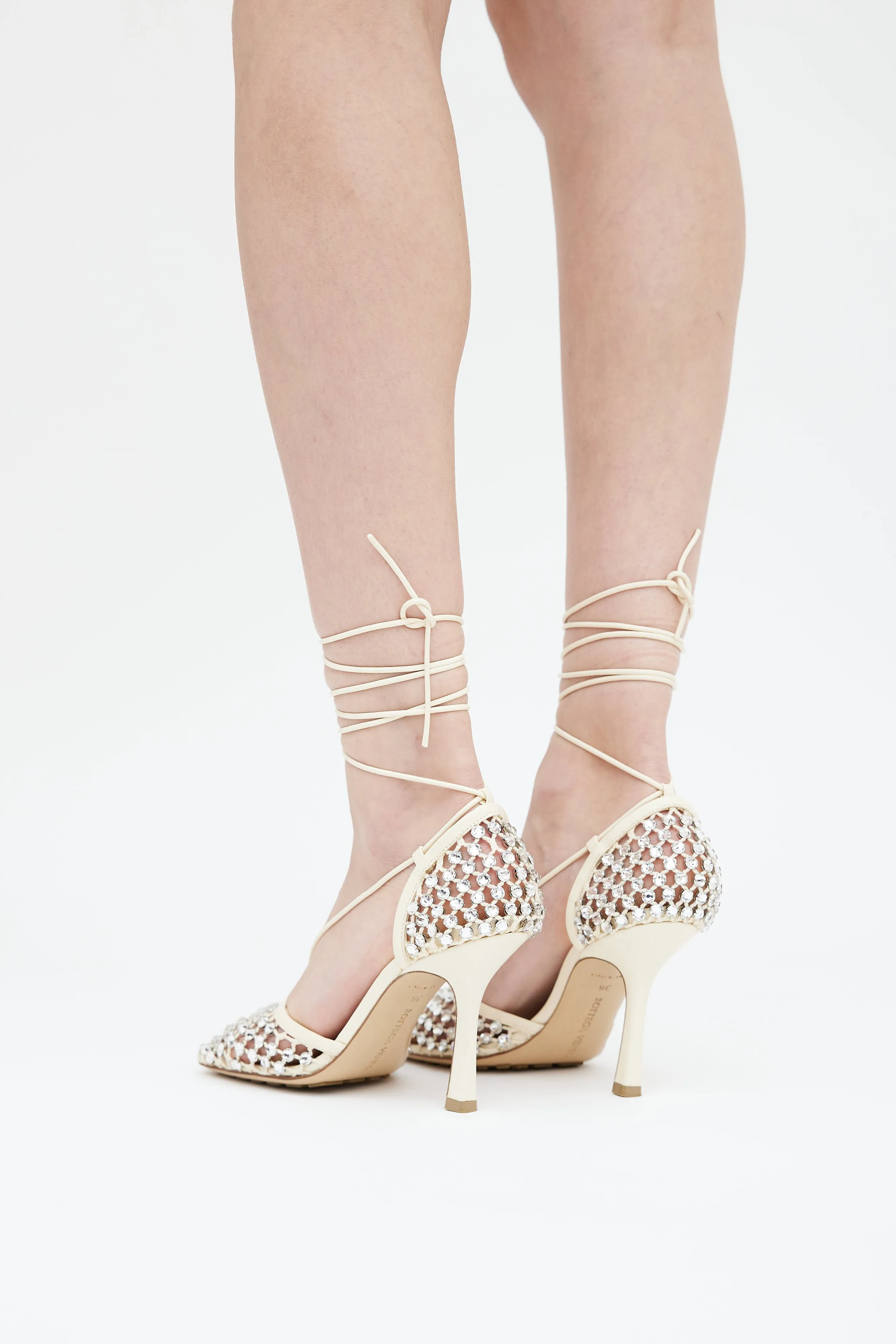 Cream Leather Sparkle Stretch Lace Up Heel