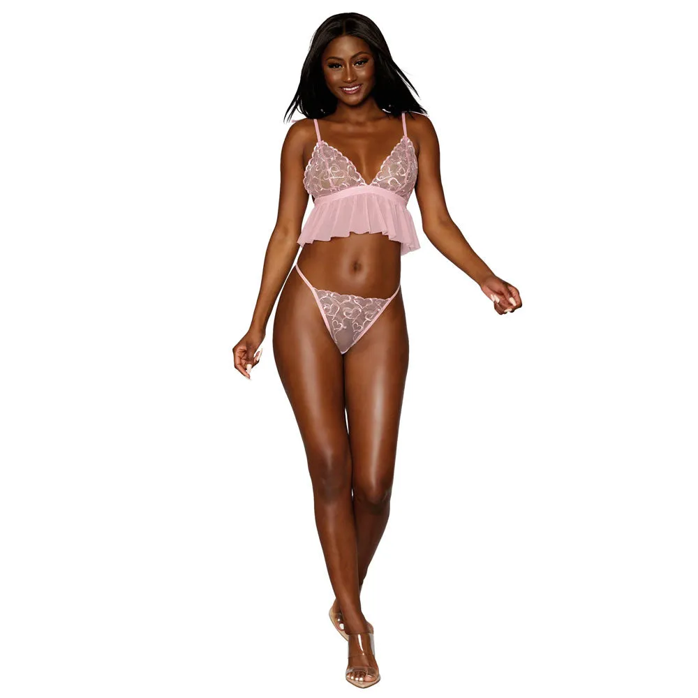 Dreamgirl Lingerie Heart Embroidered Mesh Bralette and Panty Pink 12705