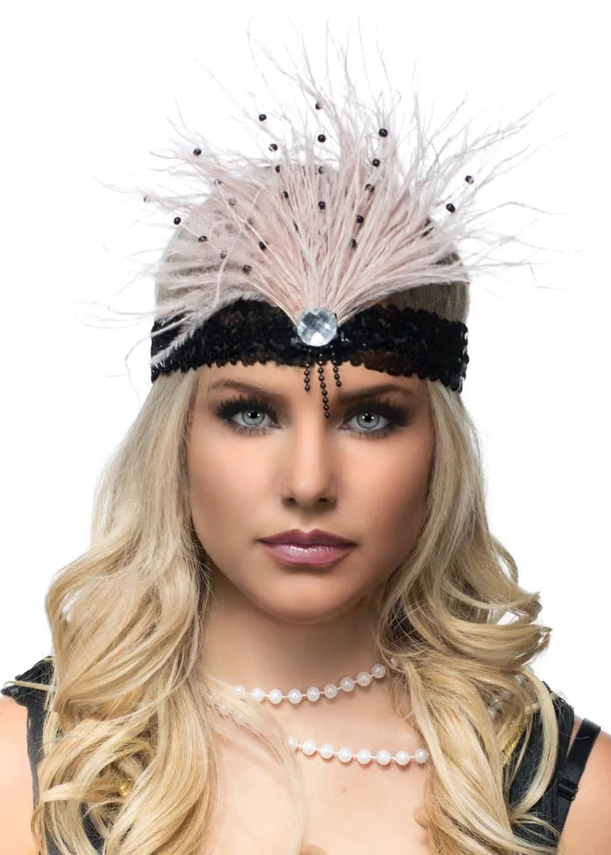Gatsby Soft Champagne Feather Flapper Headband with Black Sequins