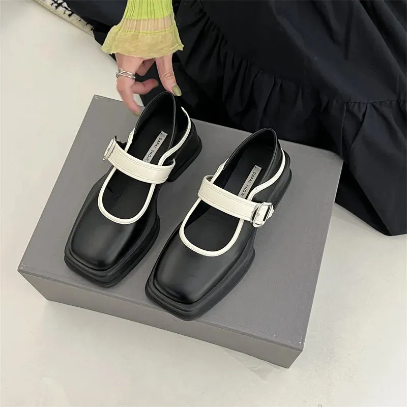 Hnzxzm Chunky Heels Lolita Shoes Japanese Girl Platform Black High Heels Square Toe Mary Jane Shoes Women Leather Student Cosplay Shoes