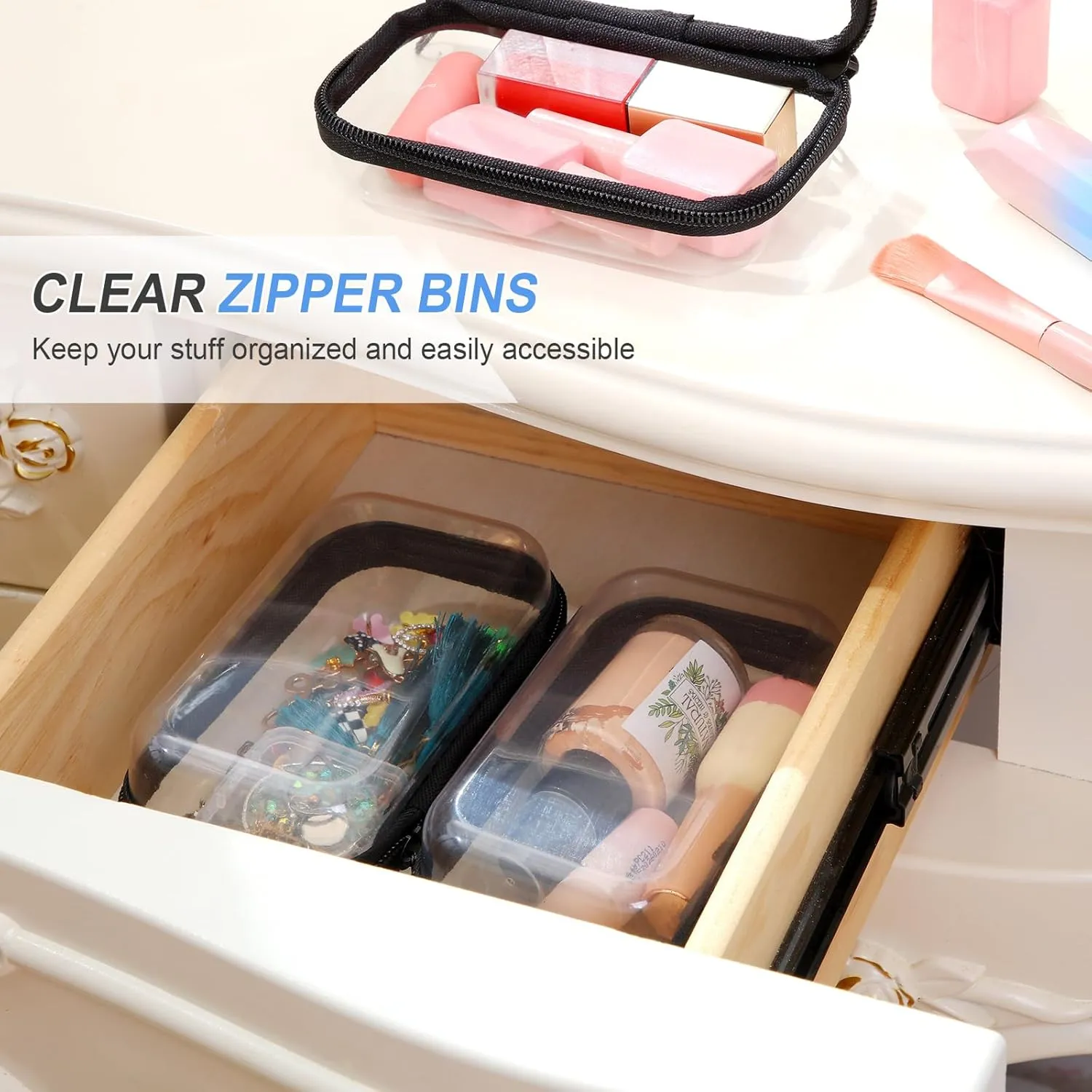 Hoolerry 3 Pcs Clear Hard Zipper Case Plastic Pouch Transparent Hard Case Clear Makeup Bag Portable Travel Organizer Bin for Cosmetics, Building Blocks, Puzzles(Black,XS)
