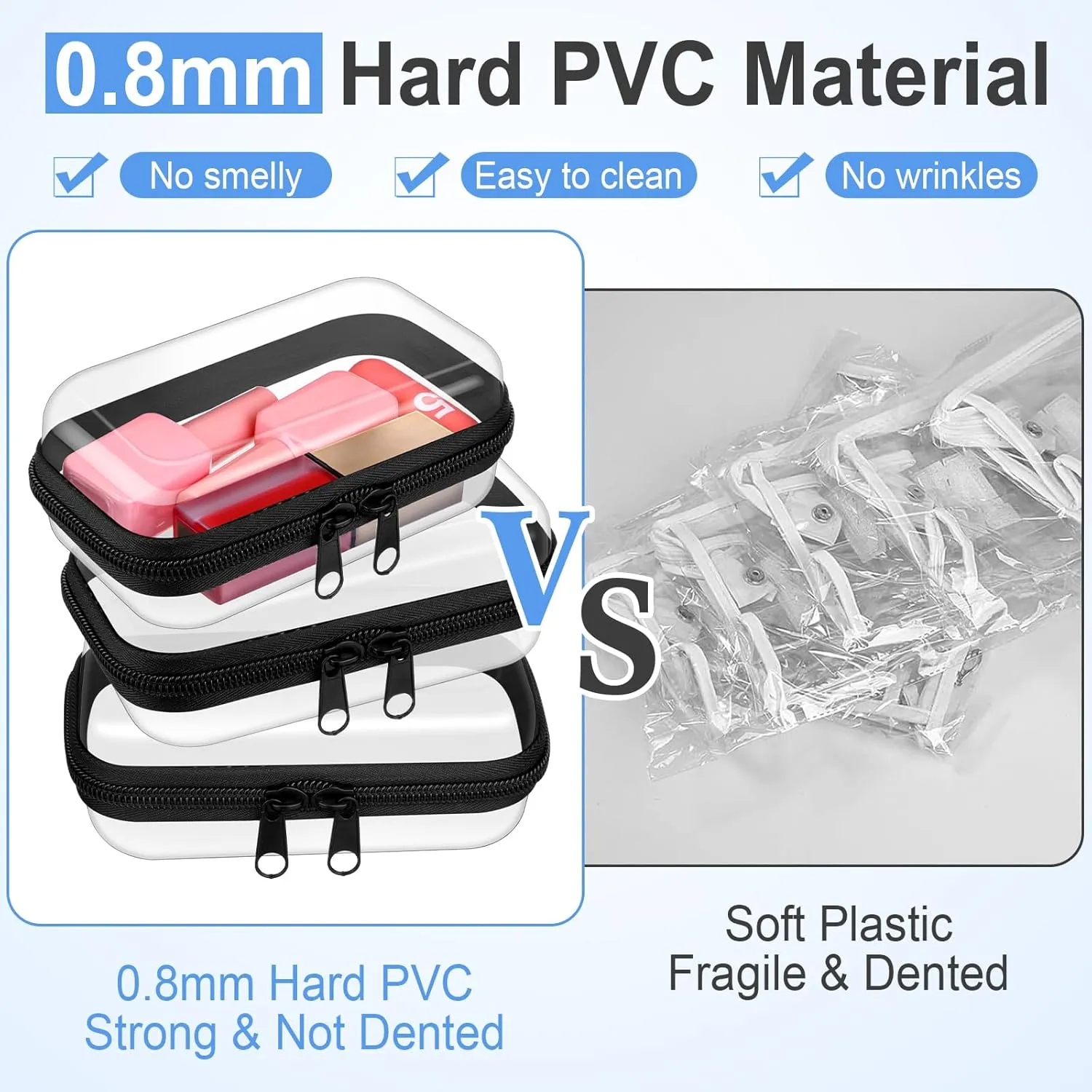 Hoolerry 3 Pcs Clear Hard Zipper Case Plastic Pouch Transparent Hard Case Clear Makeup Bag Portable Travel Organizer Bin for Cosmetics, Building Blocks, Puzzles(Black,XS)