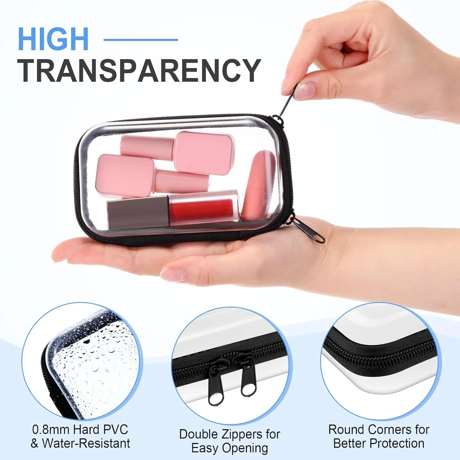 Hoolerry 3 Pcs Clear Hard Zipper Case Plastic Pouch Transparent Hard Case Clear Makeup Bag Portable Travel Organizer Bin for Cosmetics, Building Blocks, Puzzles(Black,XS)