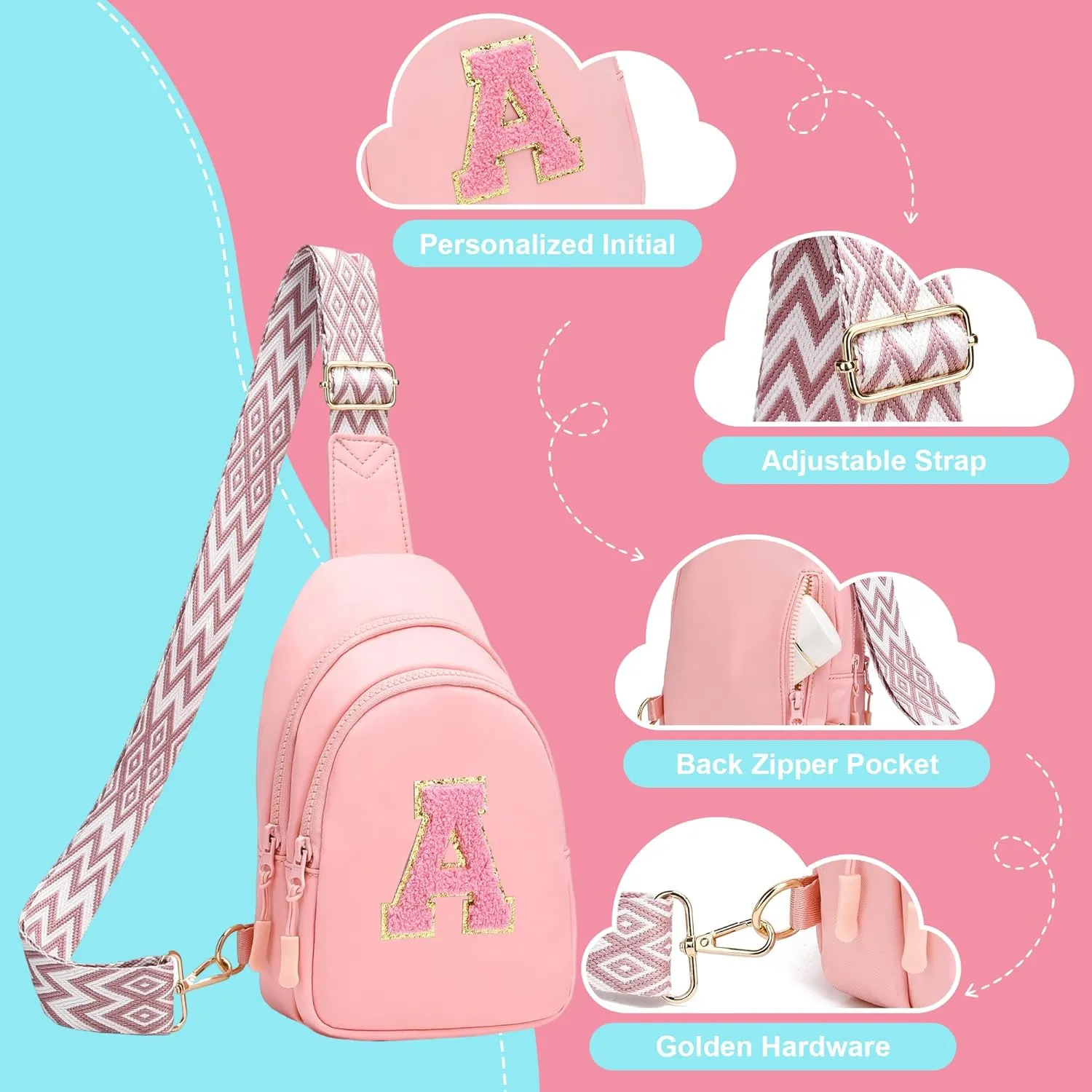 I IHAYNER Girls Sling Bag Fanny Pack Crossbody Bags with Initial Letter for Teen Girls Gift Trendy Stuff Chest Bag for Travel (Pink-S??