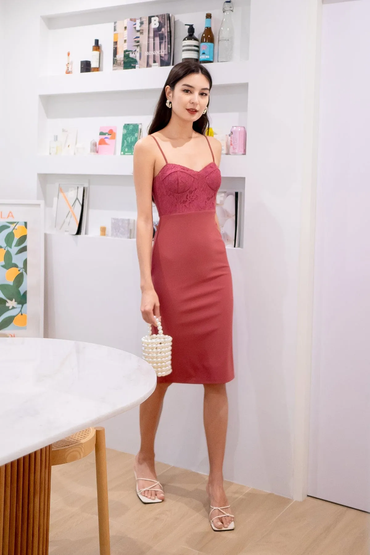 KIM BUSTIER LACE DRESS IN WINE ROSE