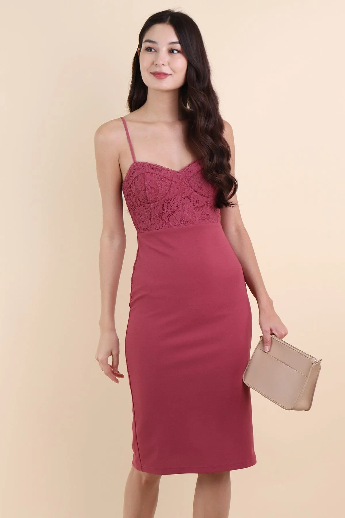 KIM BUSTIER LACE DRESS IN WINE ROSE