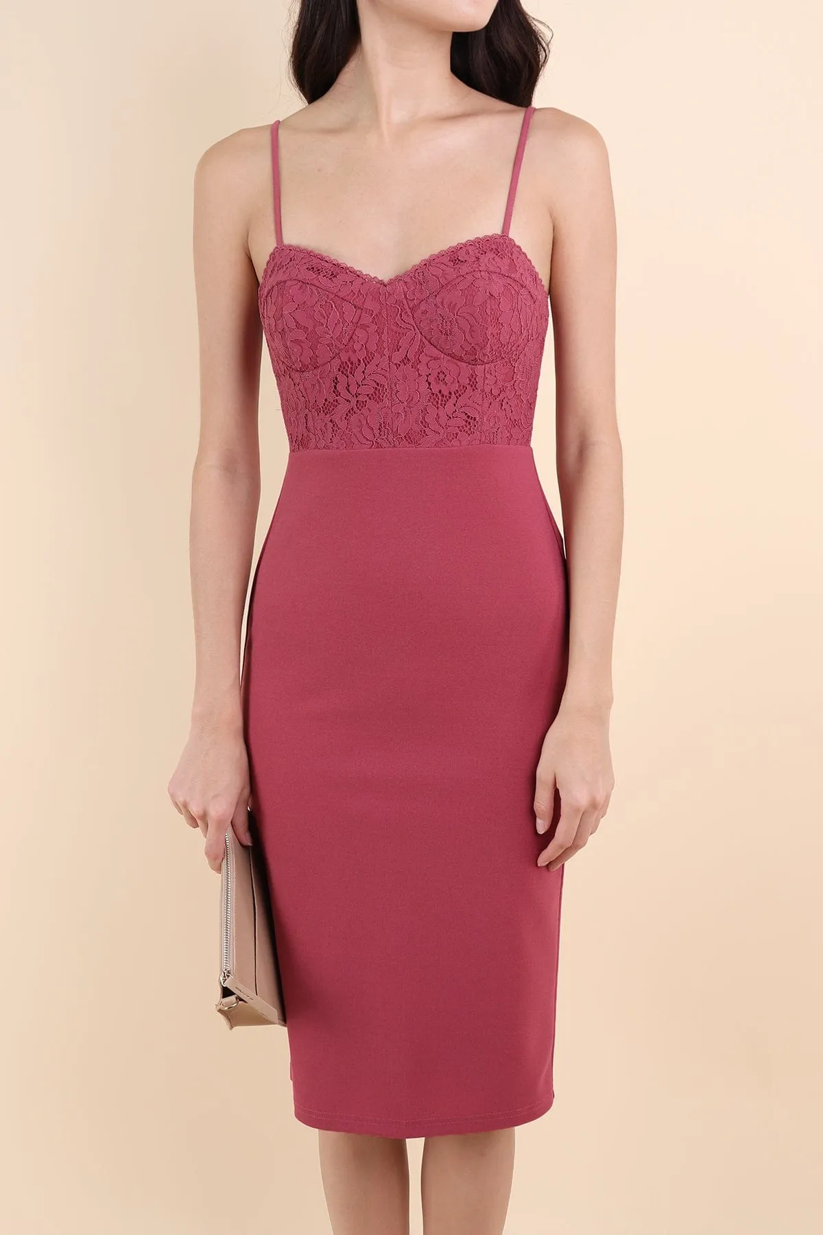 KIM BUSTIER LACE DRESS IN WINE ROSE
