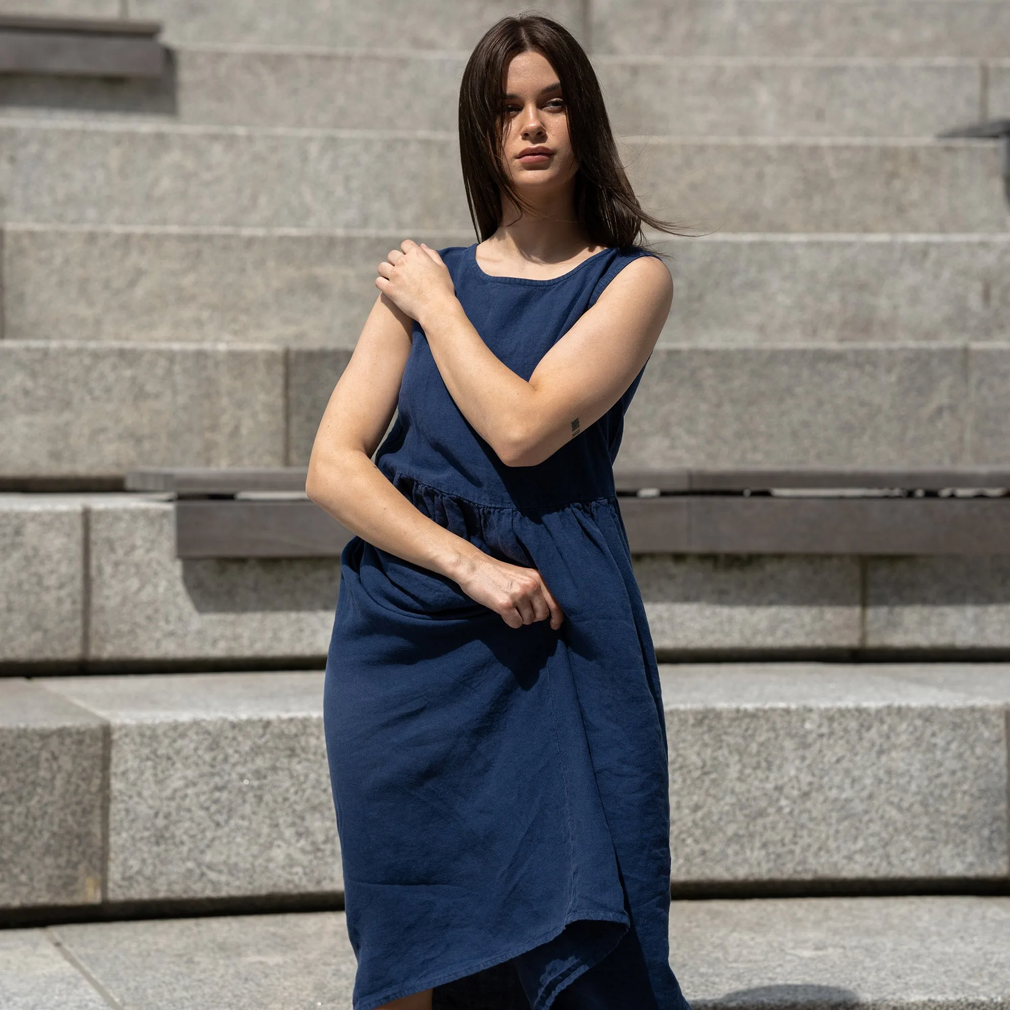 Linen Smock Dress Maya Storm Blue
