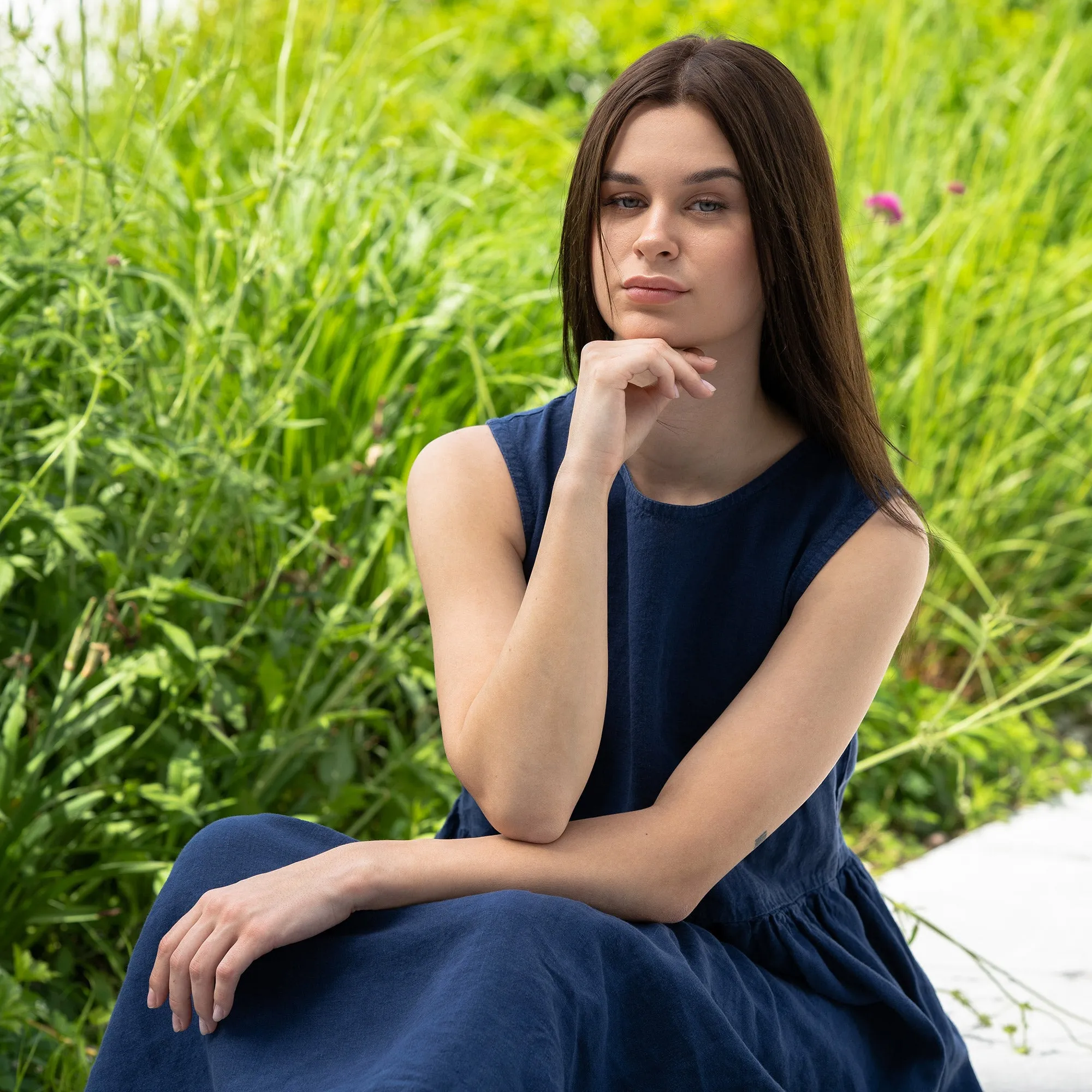 Linen Smock Dress Maya Storm Blue