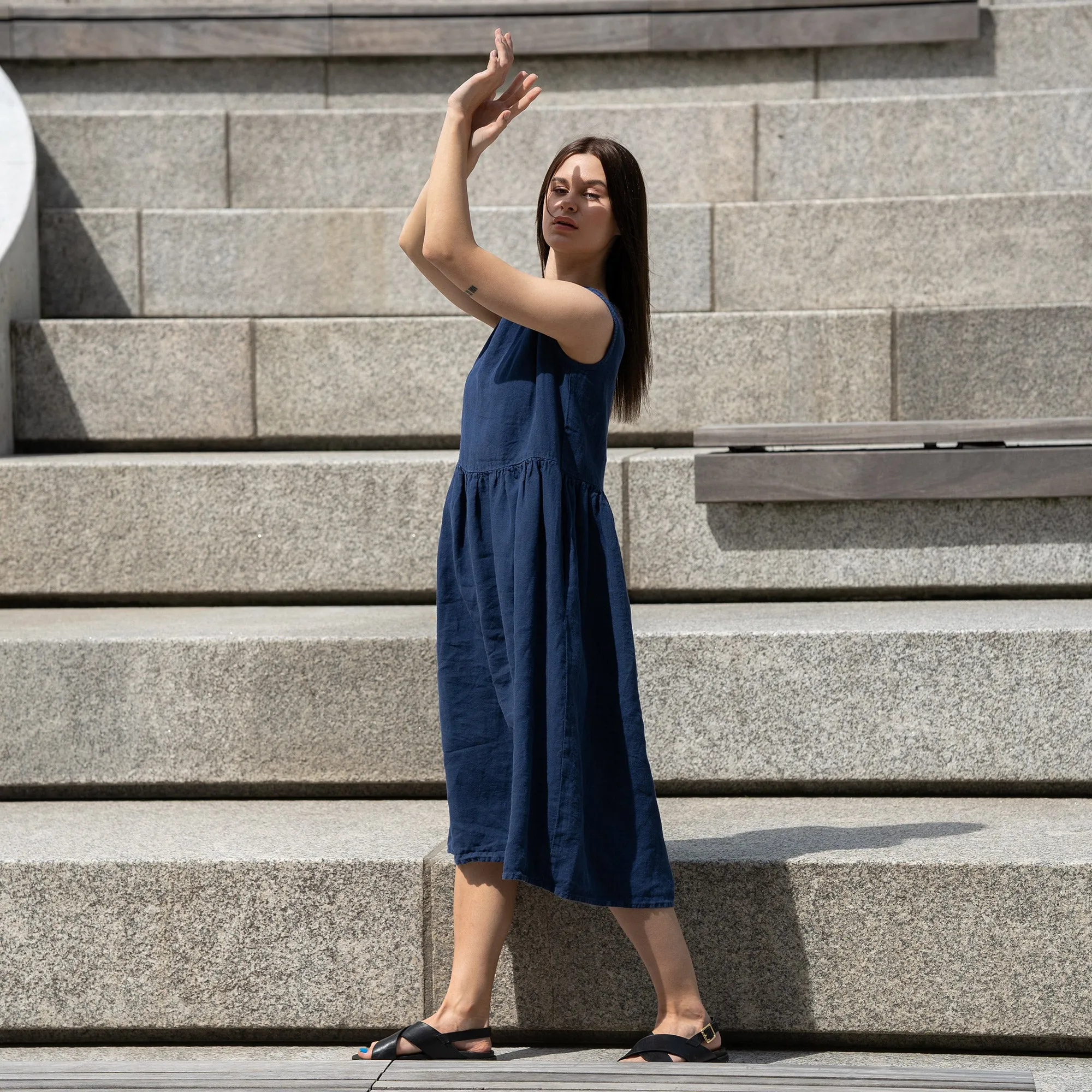 Linen Smock Dress Maya Storm Blue