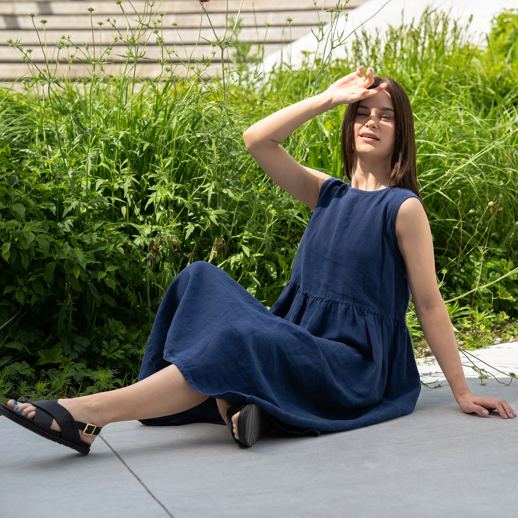 Linen Smock Dress Maya Storm Blue