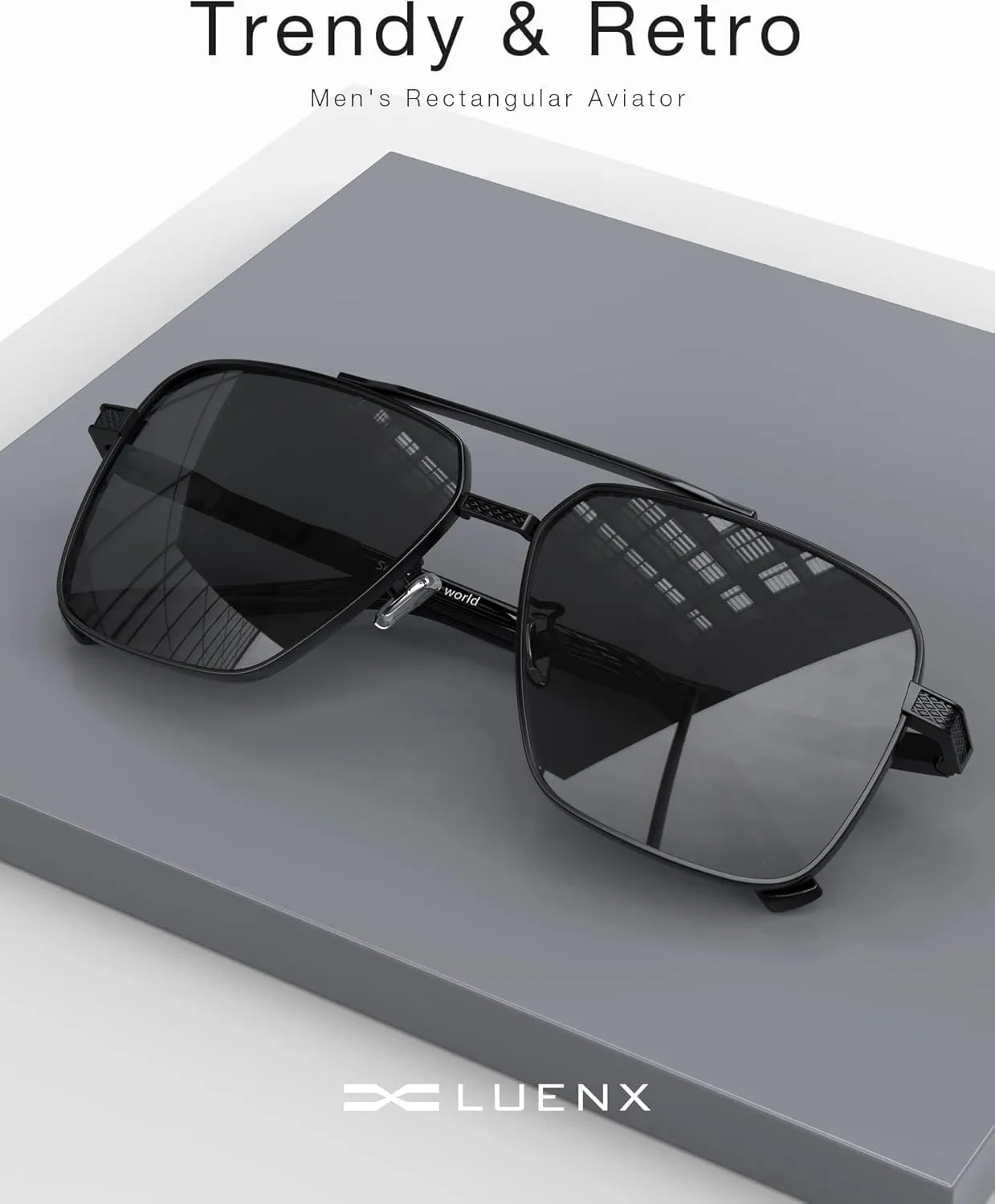 LUENX Polarized Square Aviator Sunglasses for Men,Trendy Retro Oversized Rectangular Frame UV400 Protection