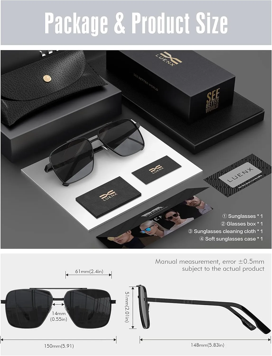 LUENX Polarized Square Aviator Sunglasses for Men,Trendy Retro Oversized Rectangular Frame UV400 Protection