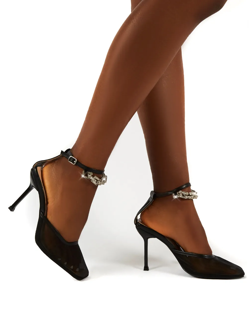 Macie Black Mesh Anklet Detail Stiletto Heels