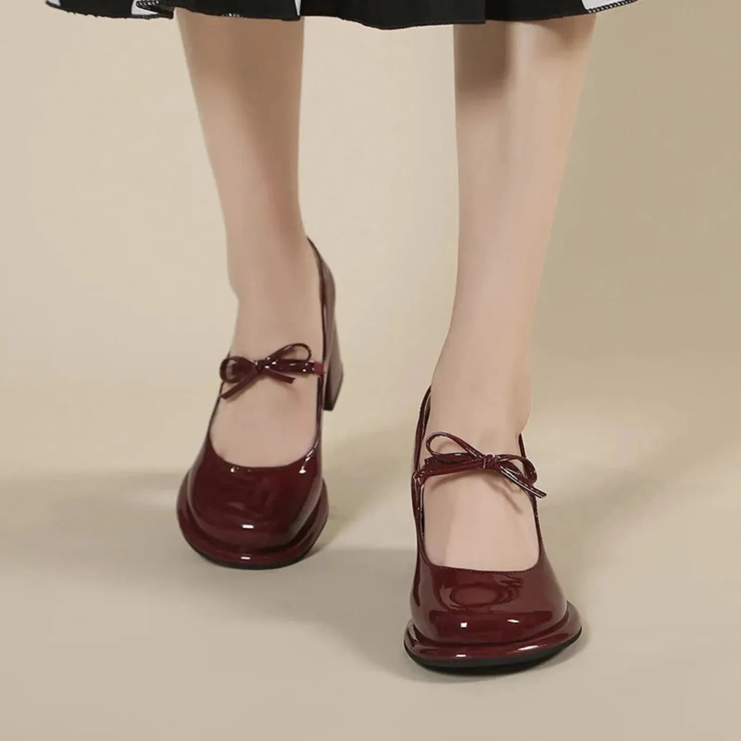 Merendy African Mama chunky heels Mary jane burgundy pumps