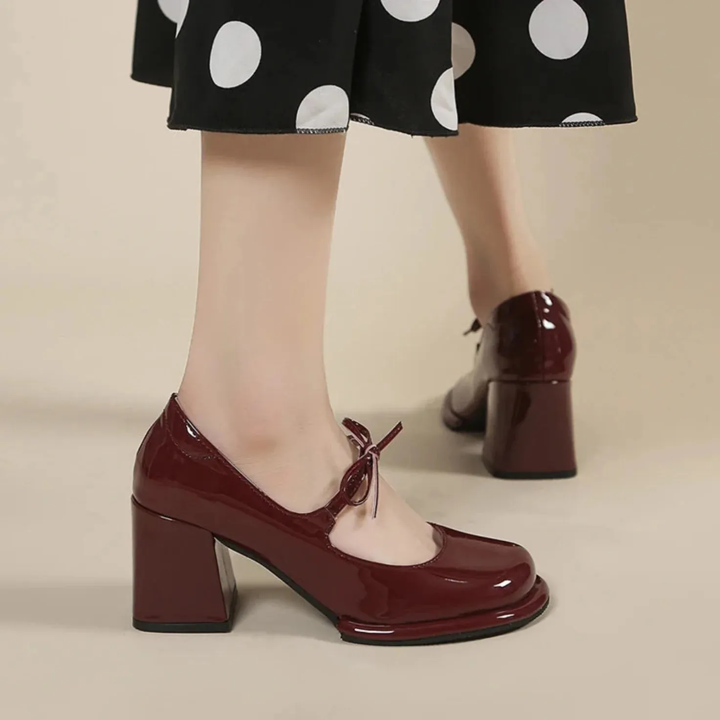 Merendy African Mama chunky heels Mary jane burgundy pumps