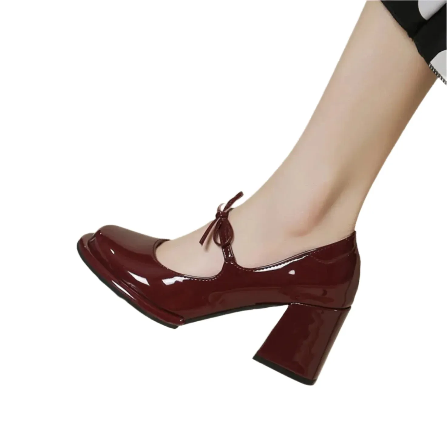 Merendy African Mama chunky heels Mary jane burgundy pumps