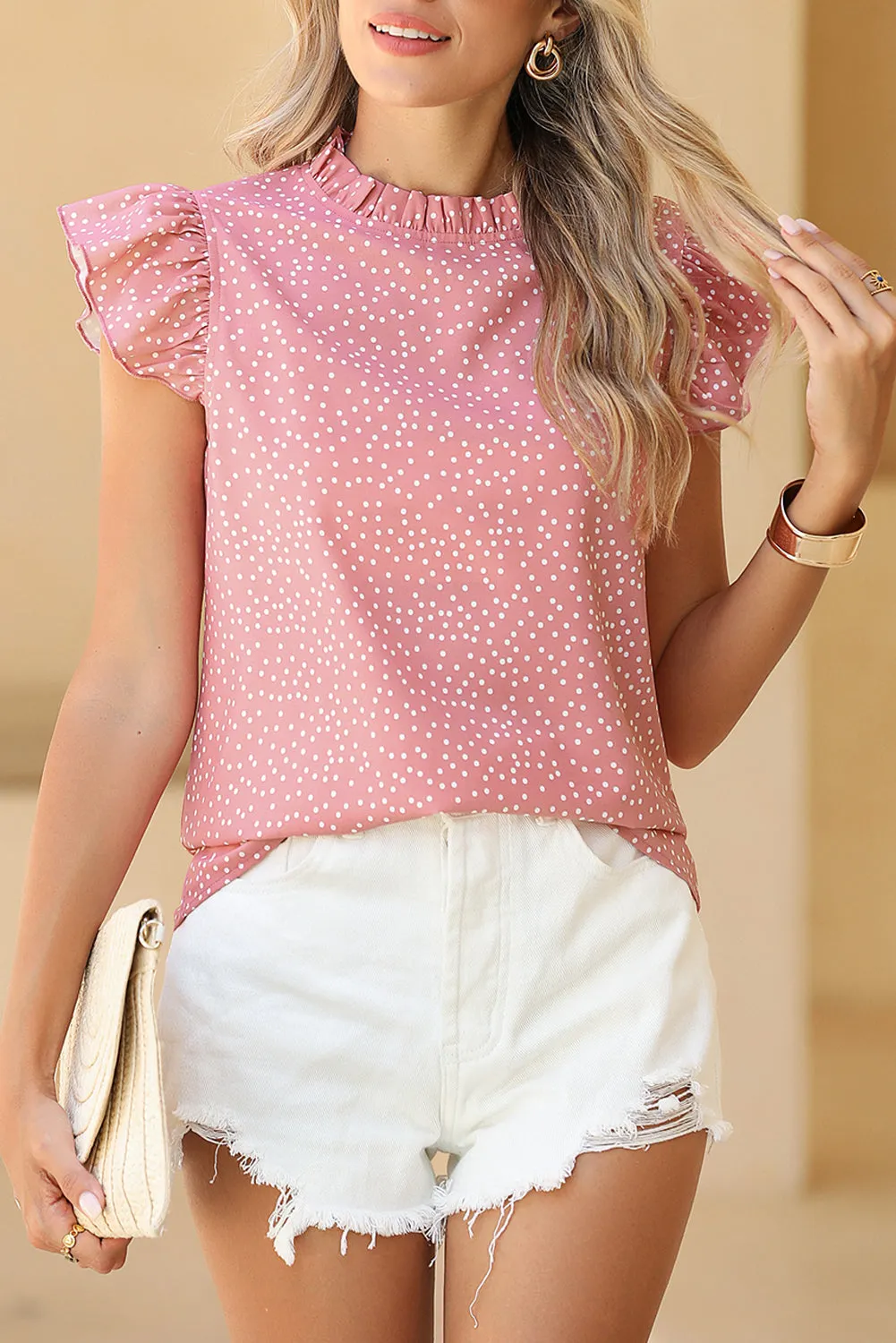 Pink Polka Dot Frilled Neck Ruffle Trim Blouse – Pretty in Pink, Ruffles for Days 💖