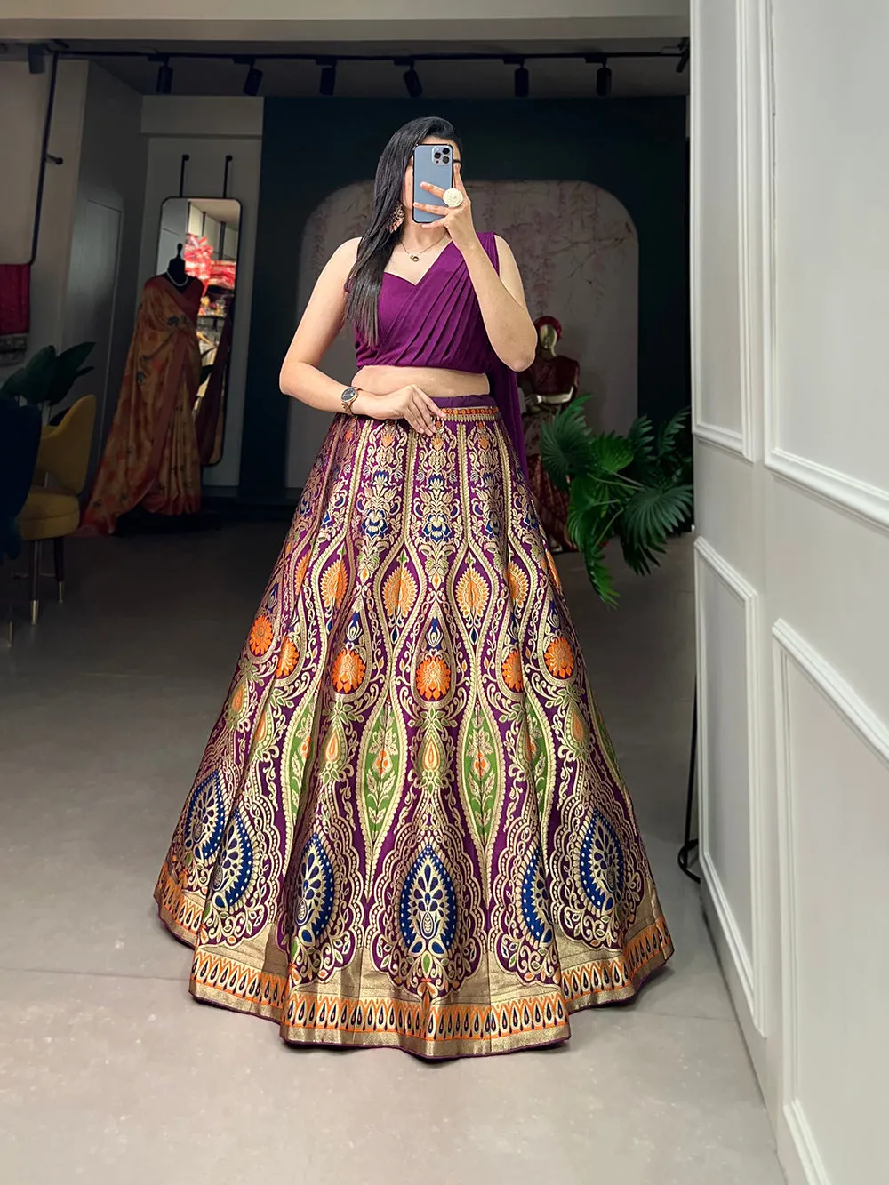 Purple Color Zari Weaving Work Banarasi Silk Lehenga Choli