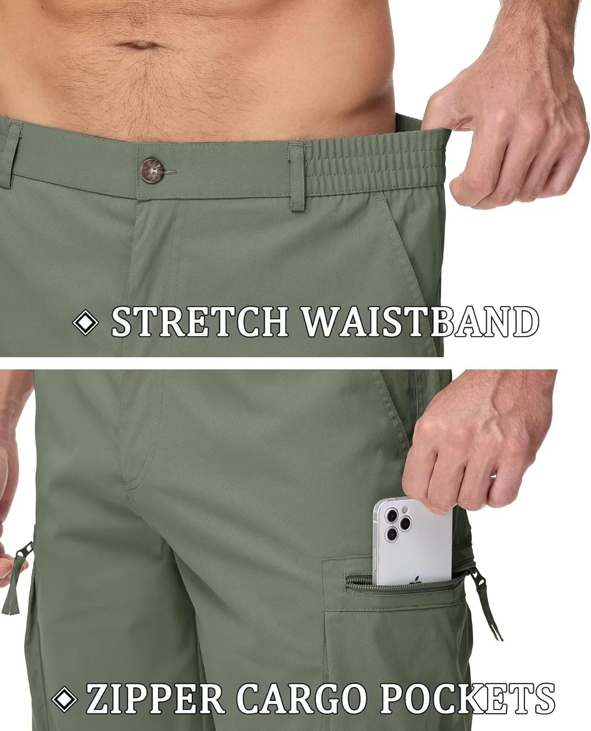QPNGRP Men's 9" Inseam Stretch Waist Zipper Cargo Shorts with 6 Pockets