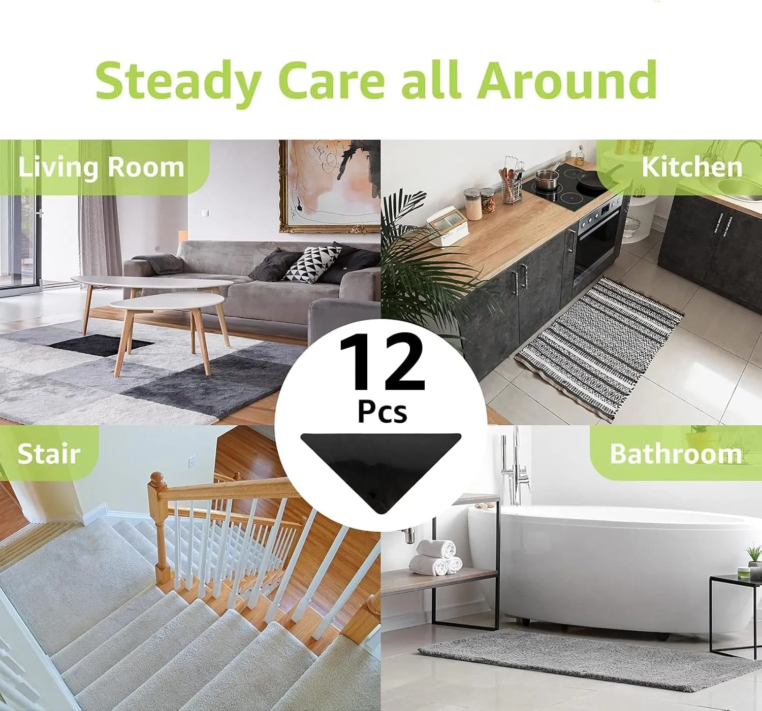 Rabenda 12 Pcs Rug Tape, Non Slip Rug Pads Grippers for Hardwood Floors and Tiles, Reusable Carpet Tape for Area Rugs, Double-Sided Adhesive Rug Stickers Keep Corners Flat (Black)