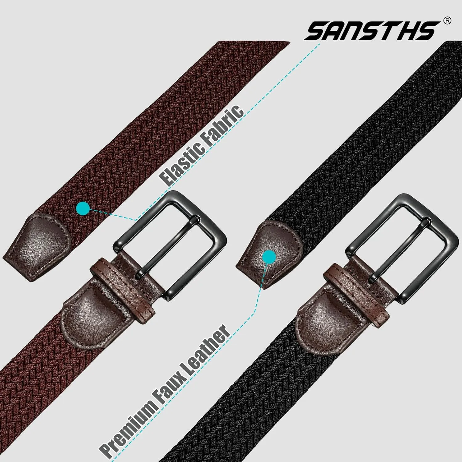 SANSTHS 2Pack Elastic Belt for Men, Mens Belts Casual for Jeans Pants, Woven Braided Web Belt for Golf, 1.3 inches Width