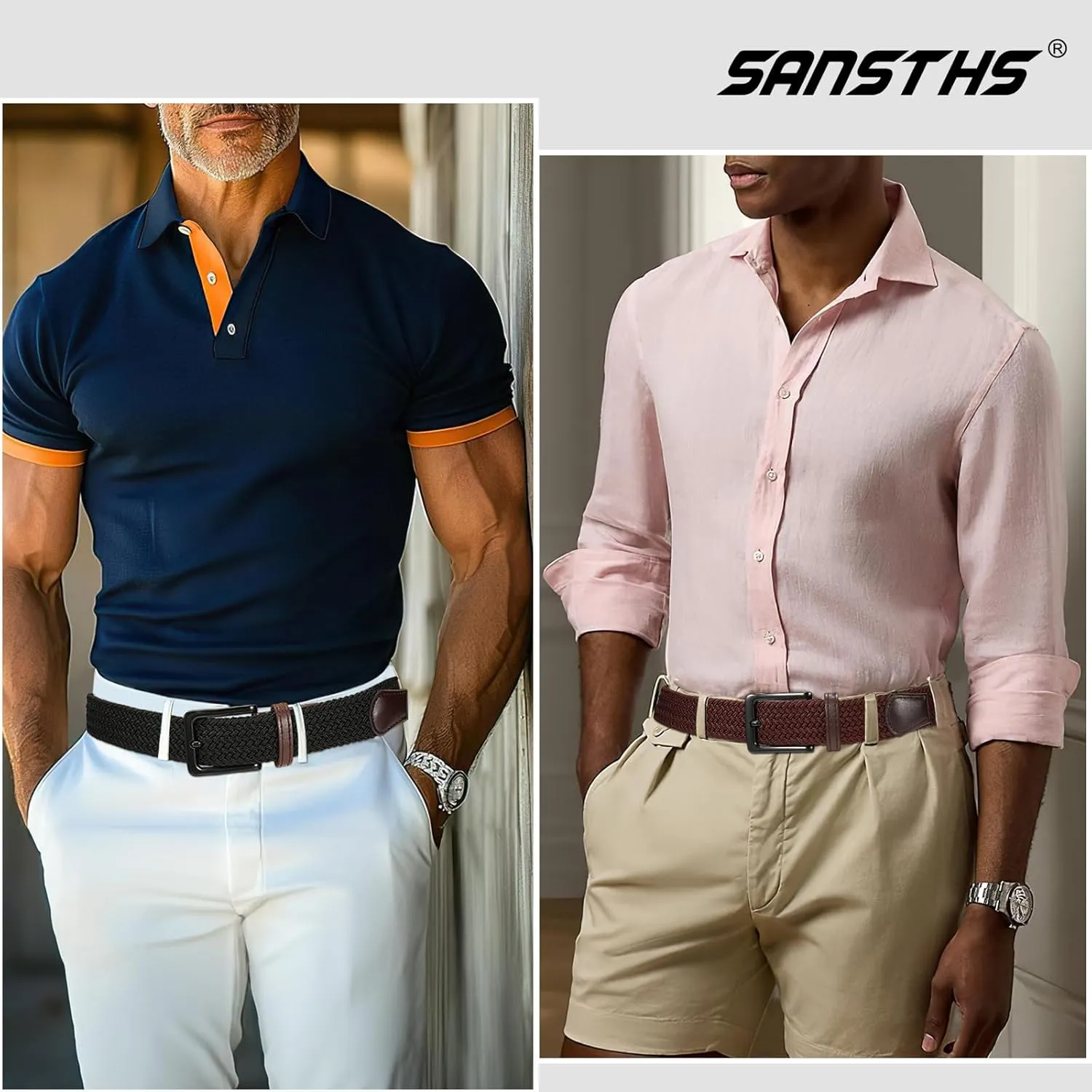SANSTHS 2Pack Elastic Belt for Men, Mens Belts Casual for Jeans Pants, Woven Braided Web Belt for Golf, 1.3 inches Width