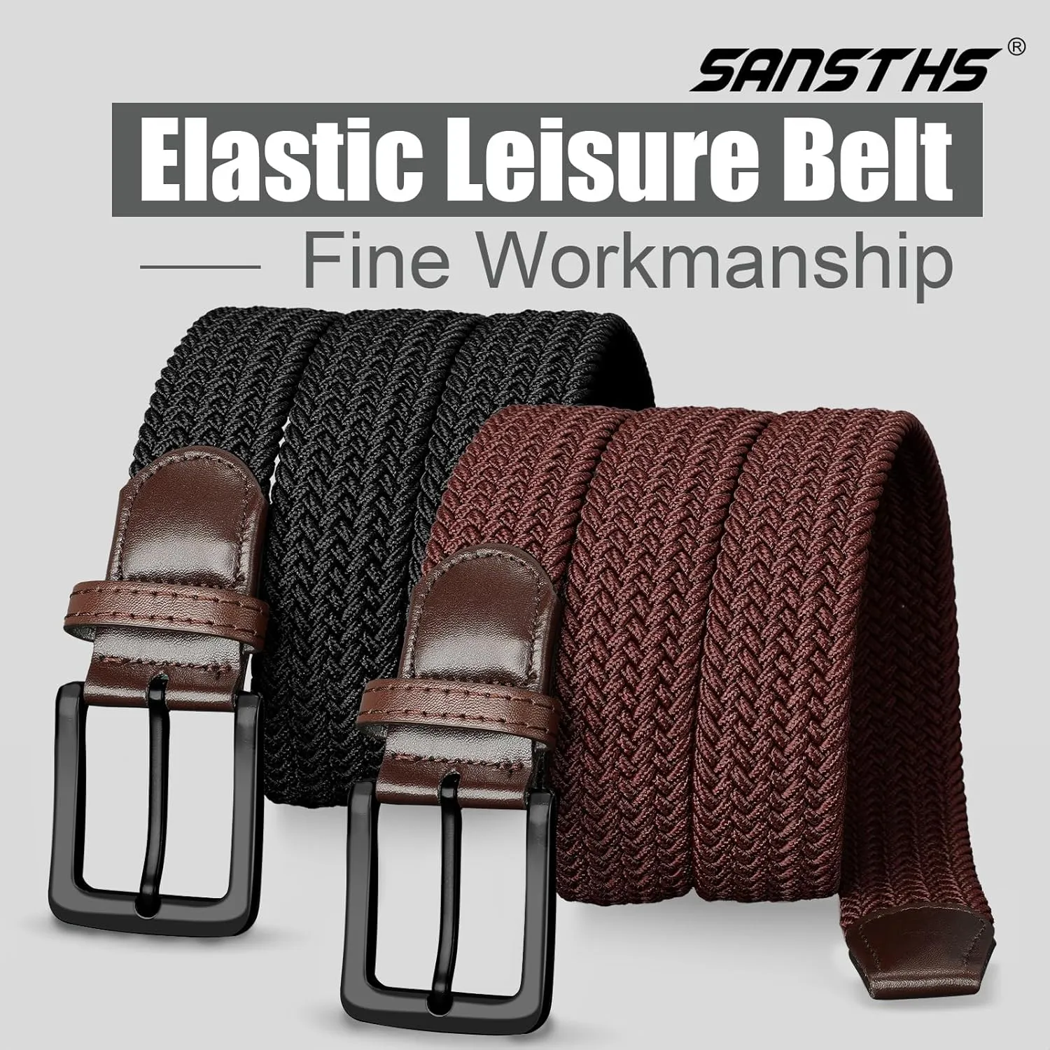 SANSTHS 2Pack Elastic Belt for Men, Mens Belts Casual for Jeans Pants, Woven Braided Web Belt for Golf, 1.3 inches Width