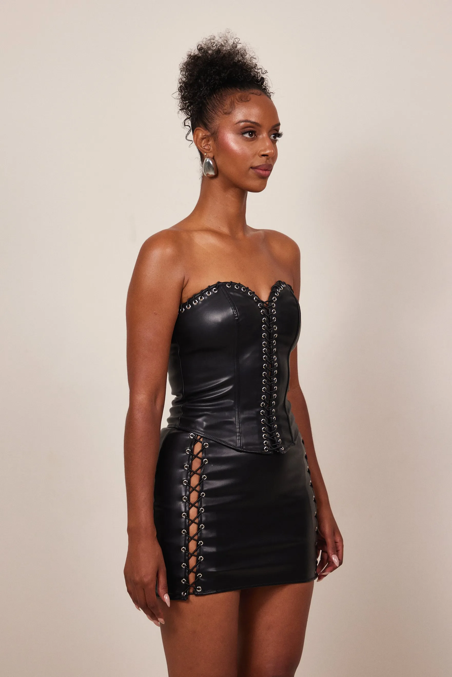 The Lace up trim leather corset- Black