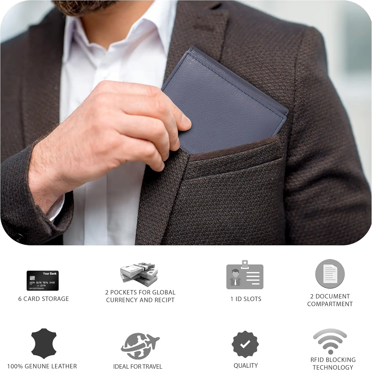 Tri fold Leather Wallet for Men with RFID | Slim Wallets for Men with 1 ID and 6 Credit card slots | Front Pocket Minimalist