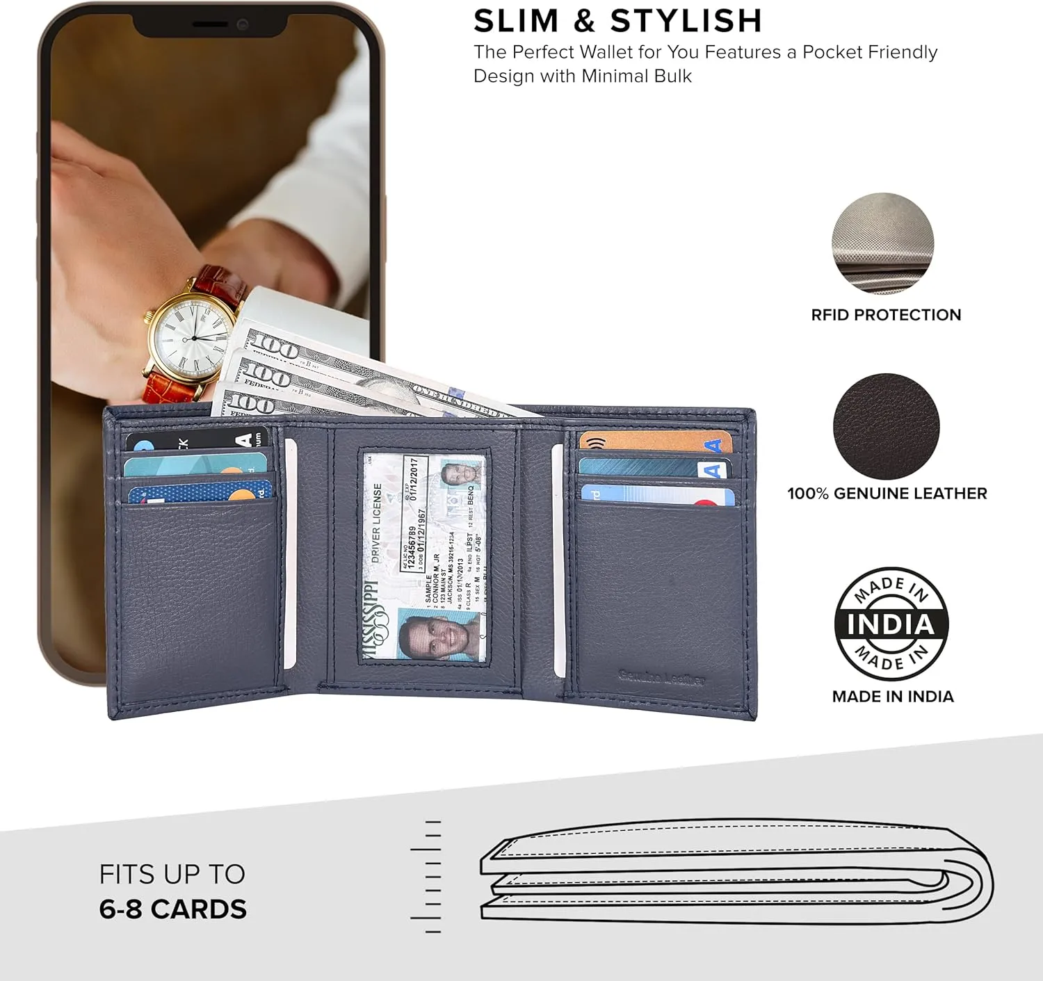 Tri fold Leather Wallet for Men with RFID | Slim Wallets for Men with 1 ID and 6 Credit card slots | Front Pocket Minimalist