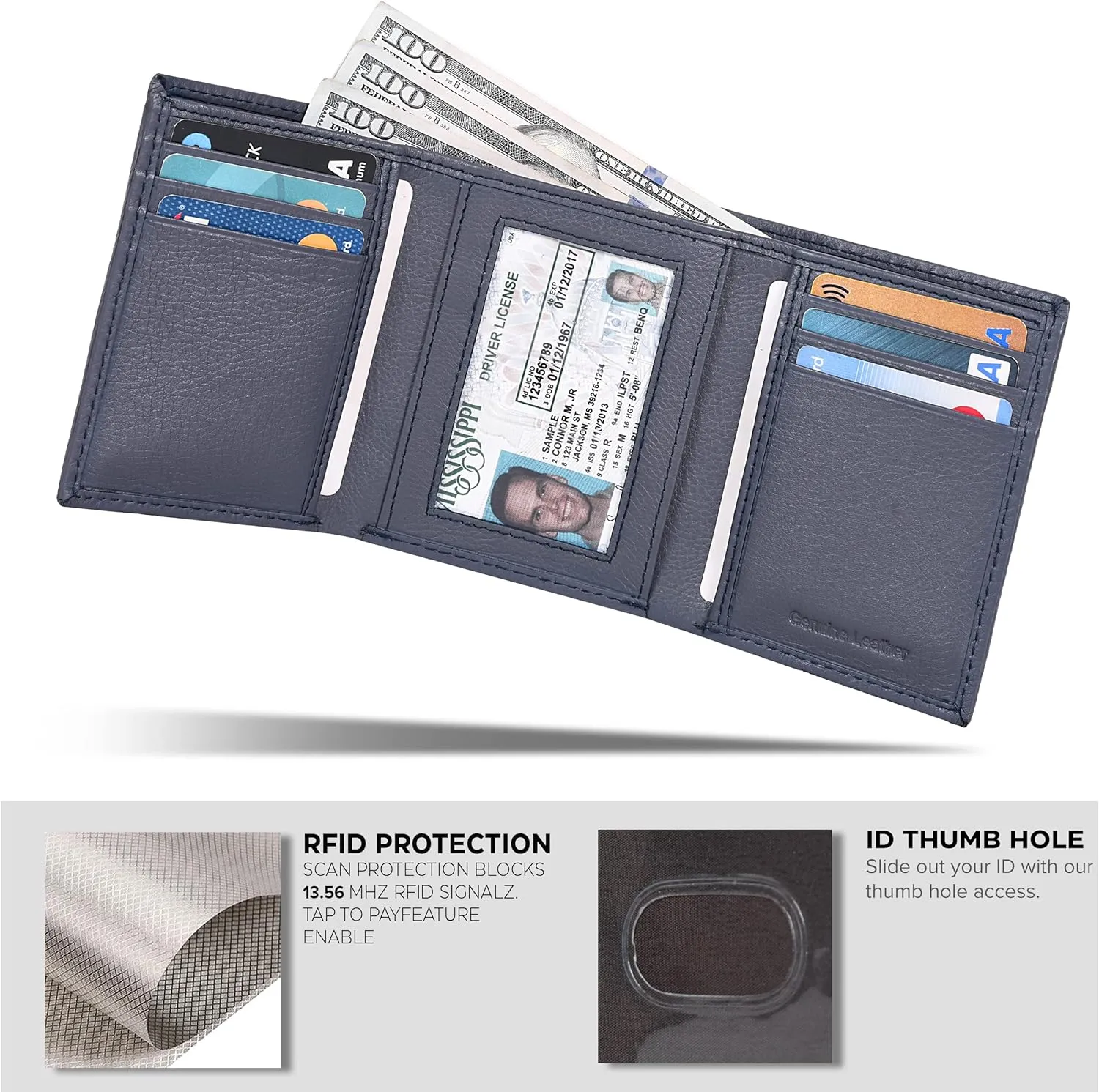 Tri fold Leather Wallet for Men with RFID | Slim Wallets for Men with 1 ID and 6 Credit card slots | Front Pocket Minimalist