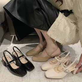 xiangtuibao Women's Chunky Heel High Heels Women's Fashion Shoes  Summer New Sandals Female Temperament Back Empty Square Toe Mary Jane Shoes